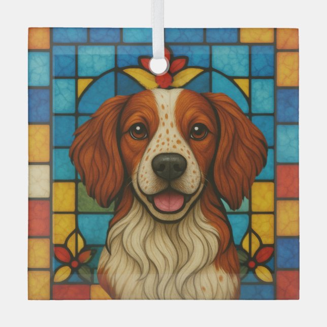 Brittany Dog "Stained Glass"  Glass Ornament (Front)