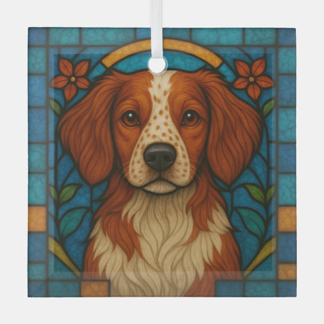 Brittany Dog "Stained Glass"  Glass Ornament (Front)