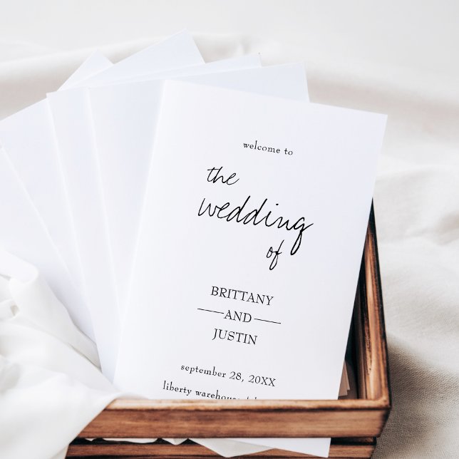 Brittany Elegant Script Folded Wedding Program (Elegant, folded wedding program with modern,calligraphy script in neutral, black and white.)