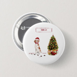 Brittany Funny Christmas Dog and Tree 2 Inch Round Button