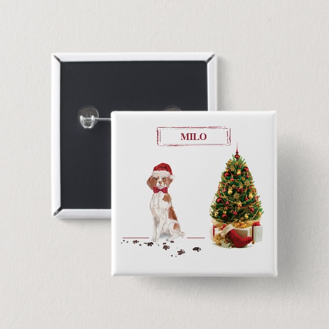 Brittany Funny Christmas Dog and Tree 2 Inch Square Button (Front & Back)