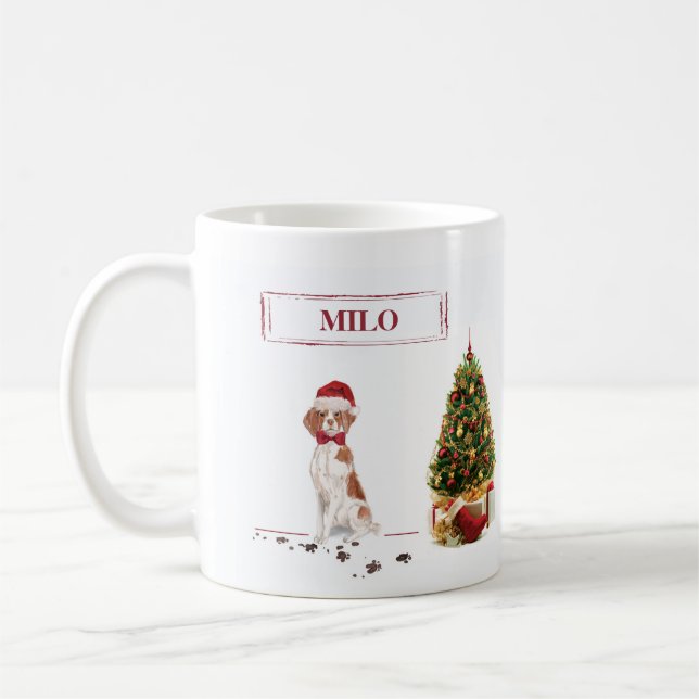 Brittany Funny Christmas Dog and Tree Coffee Mug (Left)