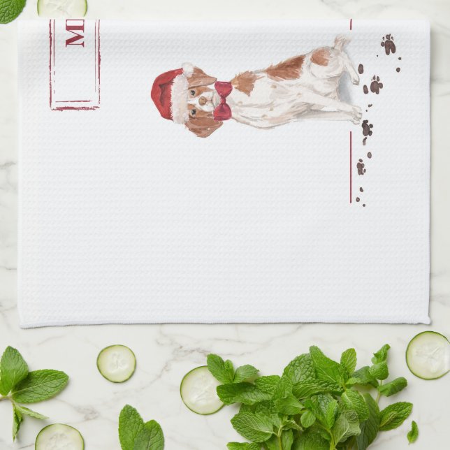Brittany Funny Christmas Dog and Tree Kitchen Towel (Folded)