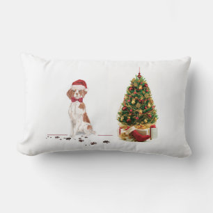 Brittany Funny Christmas Dog and Tree Lumbar Pillow