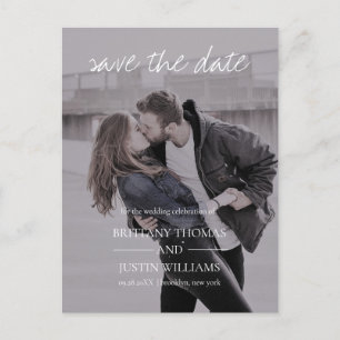 Brittany Modern Photo White Script Save the Date Announcement Postcard