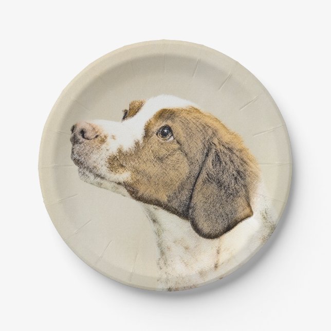 Brittany Painting - Cute Original Dog Art Paper Plate (Front)
