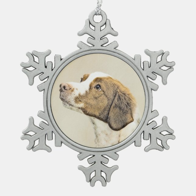 Brittany Painting - Cute Original Dog Art Snowflake Pewter Christmas Ornament (Front)