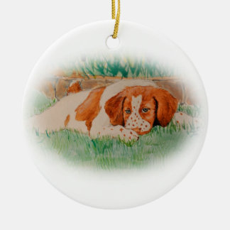 Brittany puppy ceramic ornament