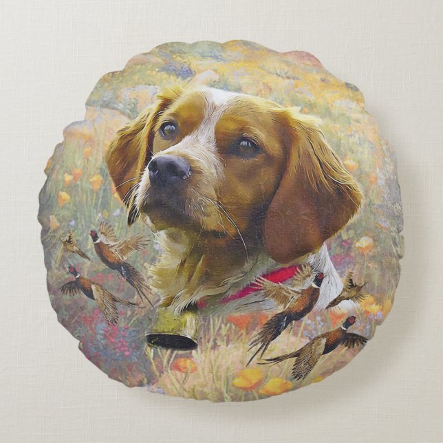 Brittany Spaniel Art , Pheasant hunting Round Pillow (Front)