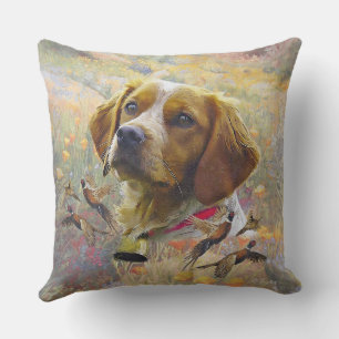 Brittany Spaniel Art , Pheasant hunting Throw Pillow