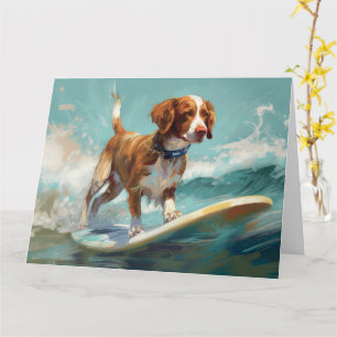 Brittany Spaniel Beach Surfing Painting Card