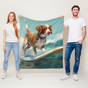 Brittany Spaniel Beach Surfing Painting  Fleece Blanket