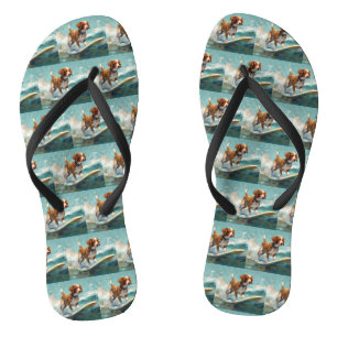 Brittany Spaniel Beach Surfing Painting Flip Flops
