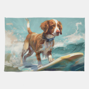 Brittany Spaniel Beach Surfing Painting  Kitchen Towel