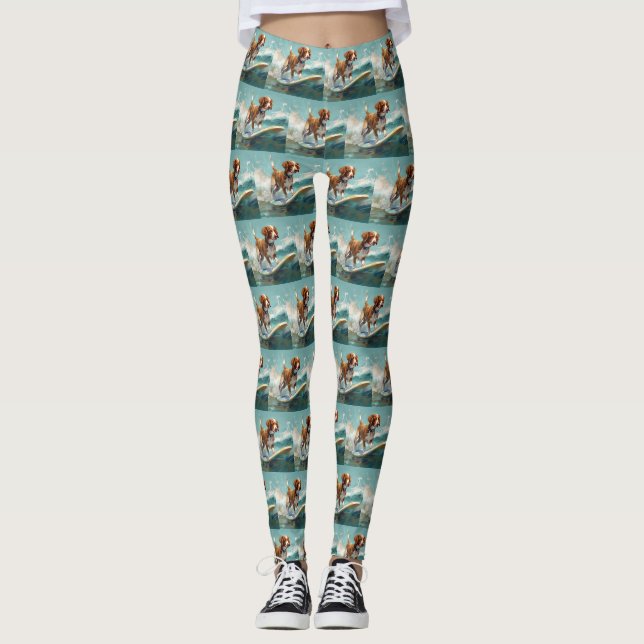 Brittany Spaniel Beach Surfing Painting  Leggings (Front)