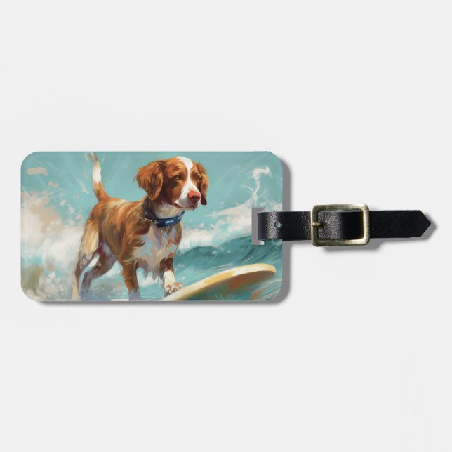 Brittany Spaniel Beach Surfing Painting  Luggage Tag (Front Horizontal)