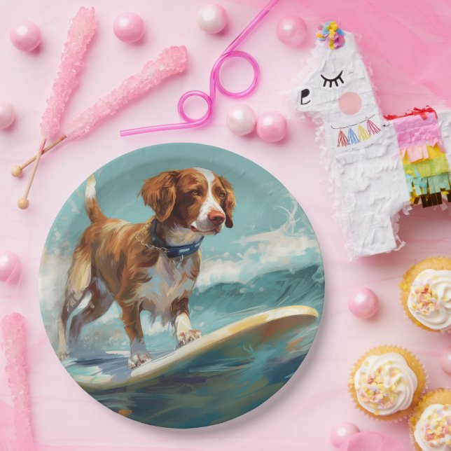Brittany Spaniel Beach Surfing Painting  Paper Plate (Party)