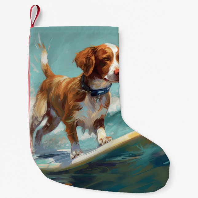 Brittany Spaniel Beach Surfing Painting  Small Christmas Stocking (Front)