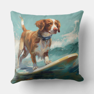 Brittany Spaniel Beach Surfing Painting Throw Pillow