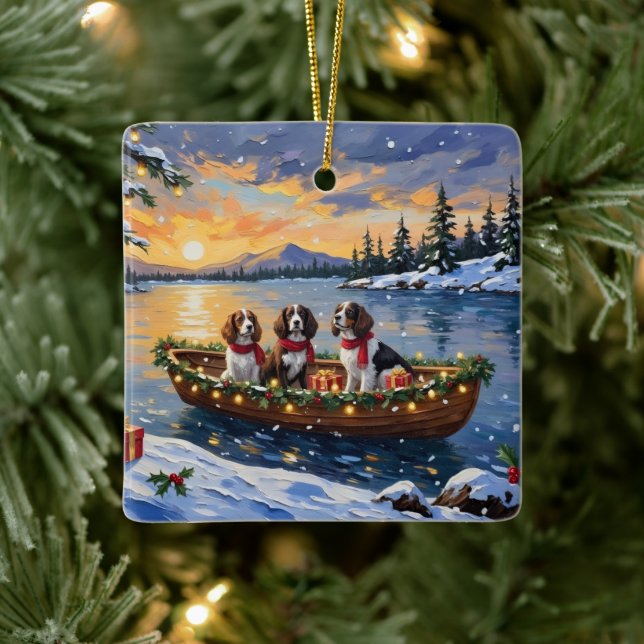 Brittany Spaniel Christmas Boat Holiday Ceramic Ornament (Tree)