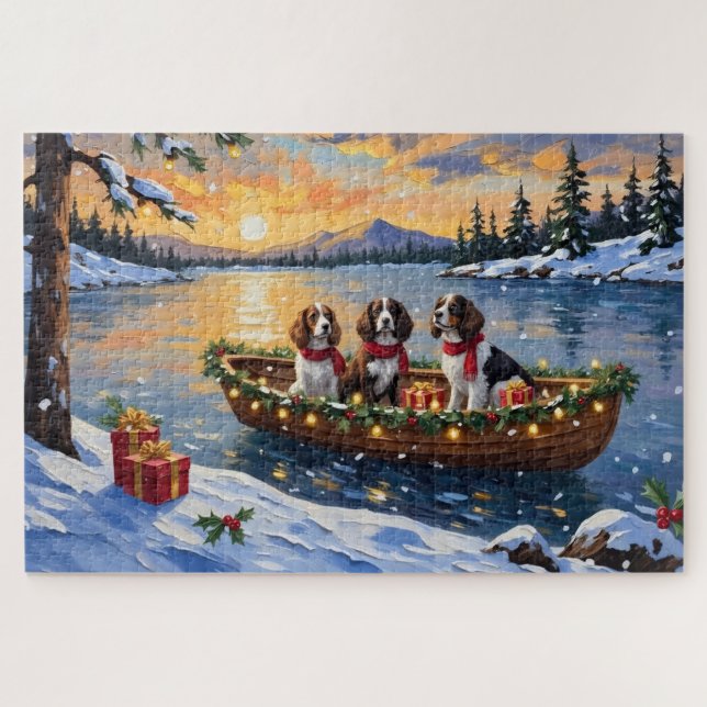 Brittany Spaniel Christmas Boat Holiday Jigsaw Puzzle (Horizontal)