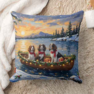 Brittany Spaniel Christmas Boat Holiday Throw Pillow