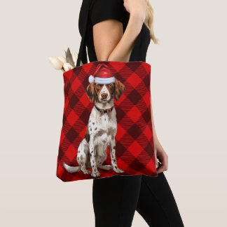 Brittany Spaniel Christmas Dog Red Seasonal Plaid Tote Bag