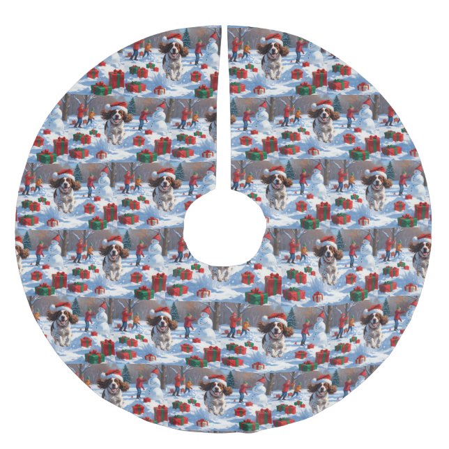 Brittany Spaniel Christmas Festive Snow Scene Brushed Polyester Tree Skirt (Front)