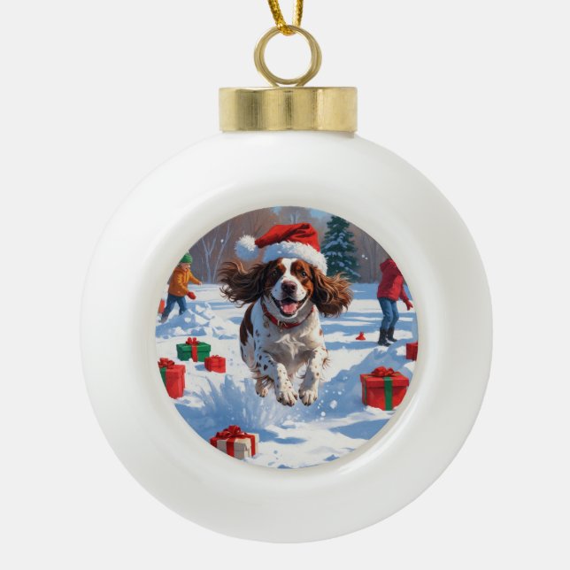 Brittany Spaniel Christmas Festive Snow Scene Ceramic Ball Christmas Ornament (Front)