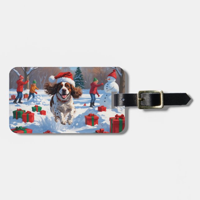 Brittany Spaniel Christmas Festive Snow Scene Luggage Tag (Front Horizontal)