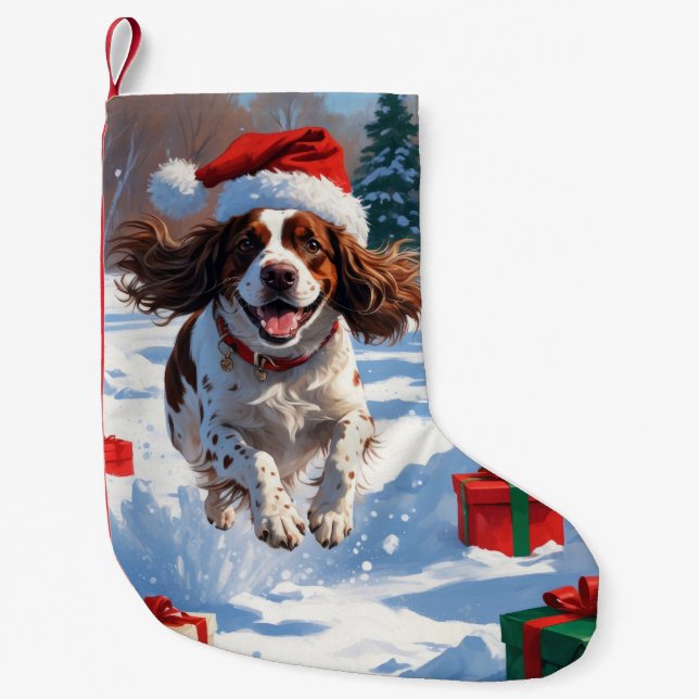 Brittany Spaniel Christmas Festive Snow Scene Small Christmas Stocking (Front)
