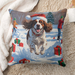 Brittany Spaniel Christmas Festive Snow Scene Throw Pillow