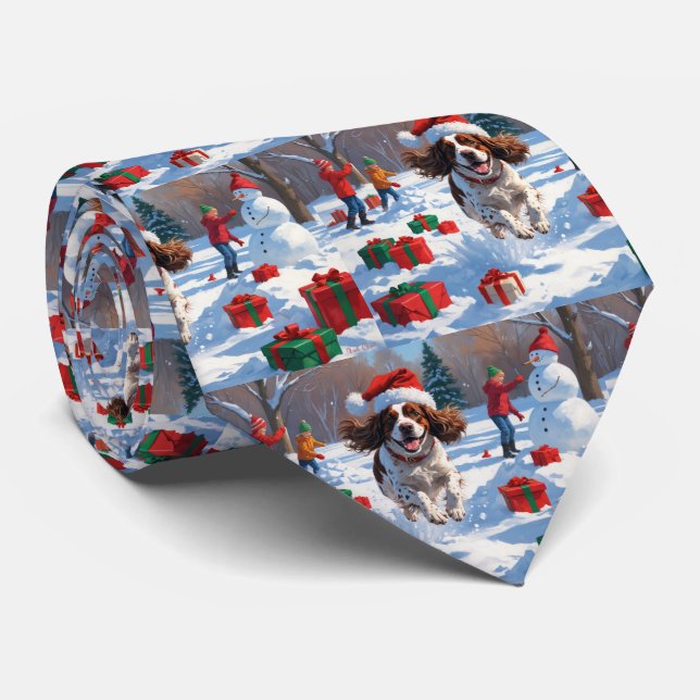 Brittany Spaniel Christmas Festive Snow Scene Tie (Rolled)