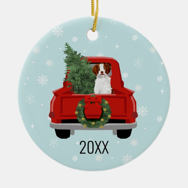 Brittany Spaniel Christmas Red Truck Ceramic Ornament (Front)