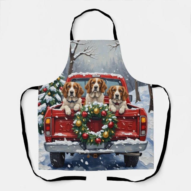 Brittany Spaniel Christmas Red Truck Holiday Apron (Front)