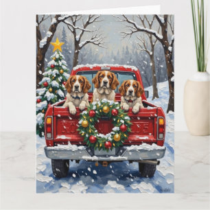 Brittany Spaniel Christmas Red Truck Holiday Card