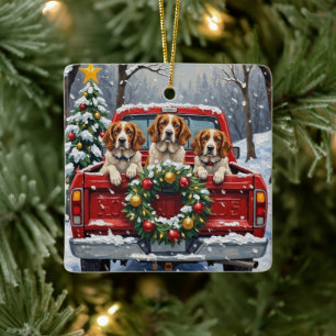 Brittany Spaniel Christmas Red Truck Holiday Ceramic Ornament