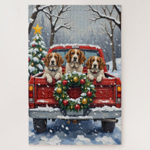 Brittany Spaniel Christmas Red Truck Holiday Jigsaw Puzzle