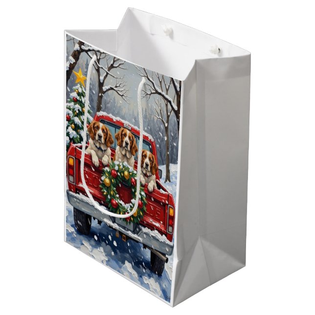 Brittany Spaniel Christmas Red Truck Holiday Medium Gift Bag (Front Angled)
