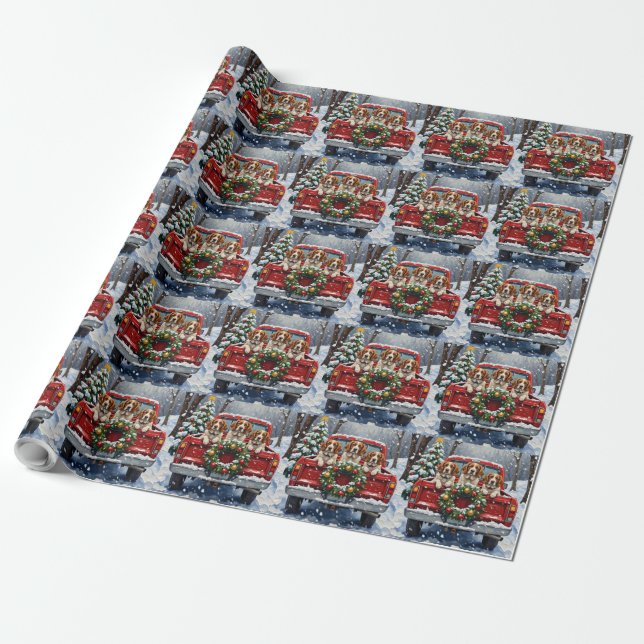 Brittany Spaniel Christmas Red Truck Holiday Wrapping Paper (Unrolled)
