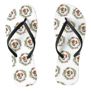 Brittany Spaniel Christmas Wreath Festive Pup Flip Flops