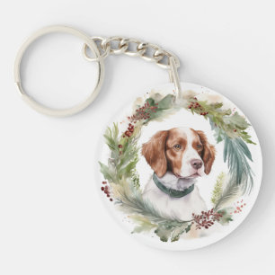 Brittany Spaniel Christmas Wreath Festive Pup Keychain