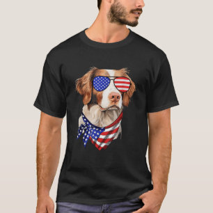 Brittany Spaniel Dog American Flag Glasses 4th of T-Shirt