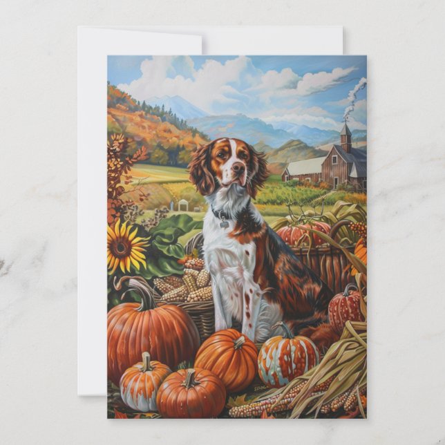 Brittany Spaniel Dog Autumn Harvest Thanksgiving Holiday Card (Front)