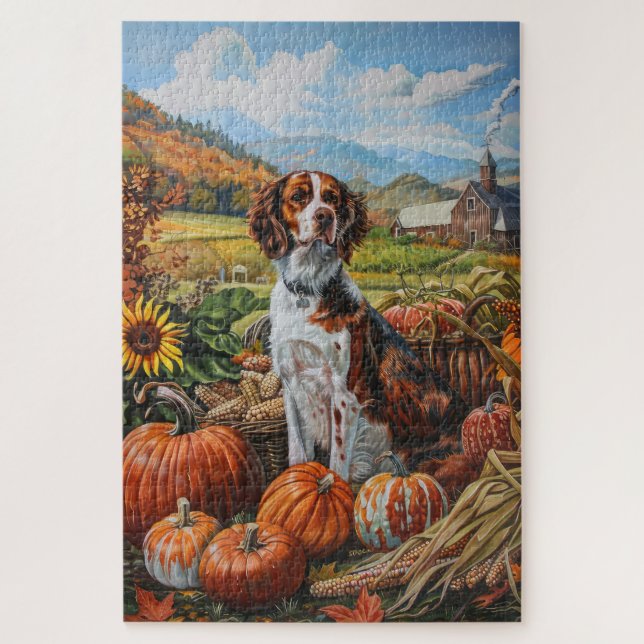Brittany Spaniel Dog Autumn Harvest Thanksgiving Jigsaw Puzzle (Vertical)