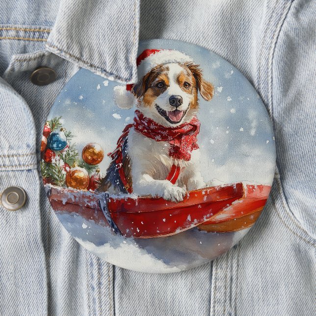 Brittany Spaniel Dog in Sledge Christmas 6 Inch Round Button (In Situ)