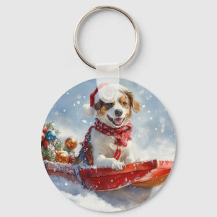 Brittany Spaniel Dog in Sledge Christmas Keychain