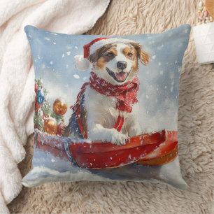 Brittany Spaniel Dog in Sledge Christmas Throw Pillow
