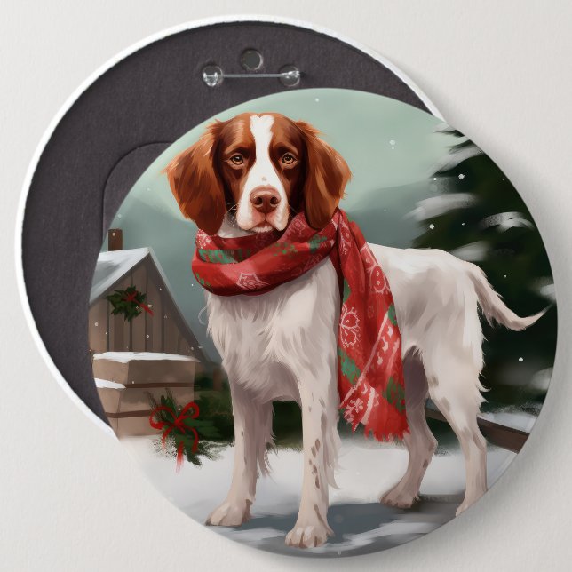 Brittany Spaniel Dog in Snow Christmas 6 Inch Round Button (Front & Back)