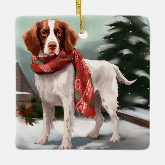 Brittany Spaniel Dog in Snow Christmas Ceramic Ornament (Front)